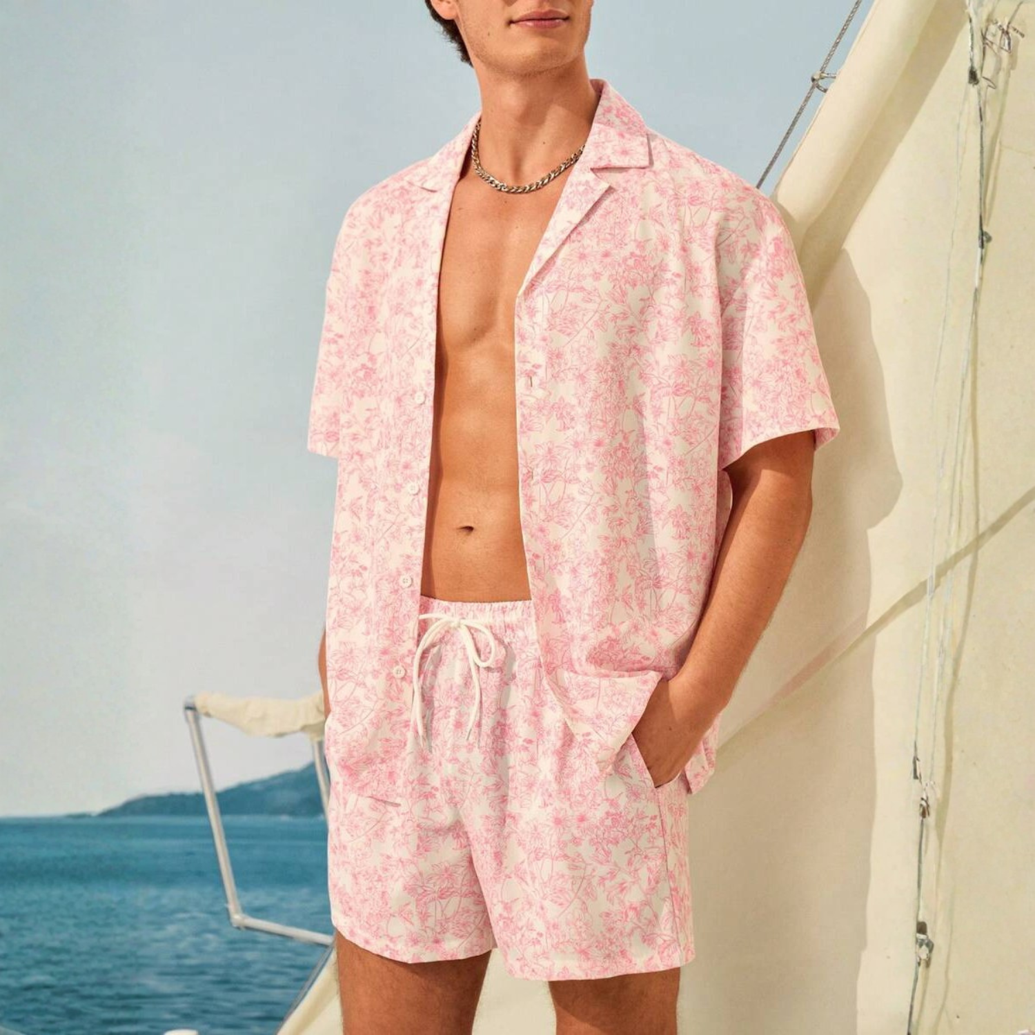 Floral Couple Beach Men Shirt Shorts And Women Swimwear Outfit Set