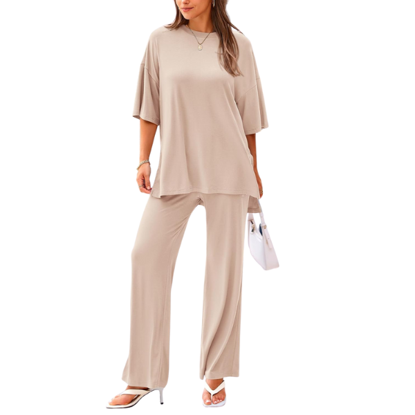 2 Piece Summer Lounge Set With Short Sleeve Top And Pants For Women