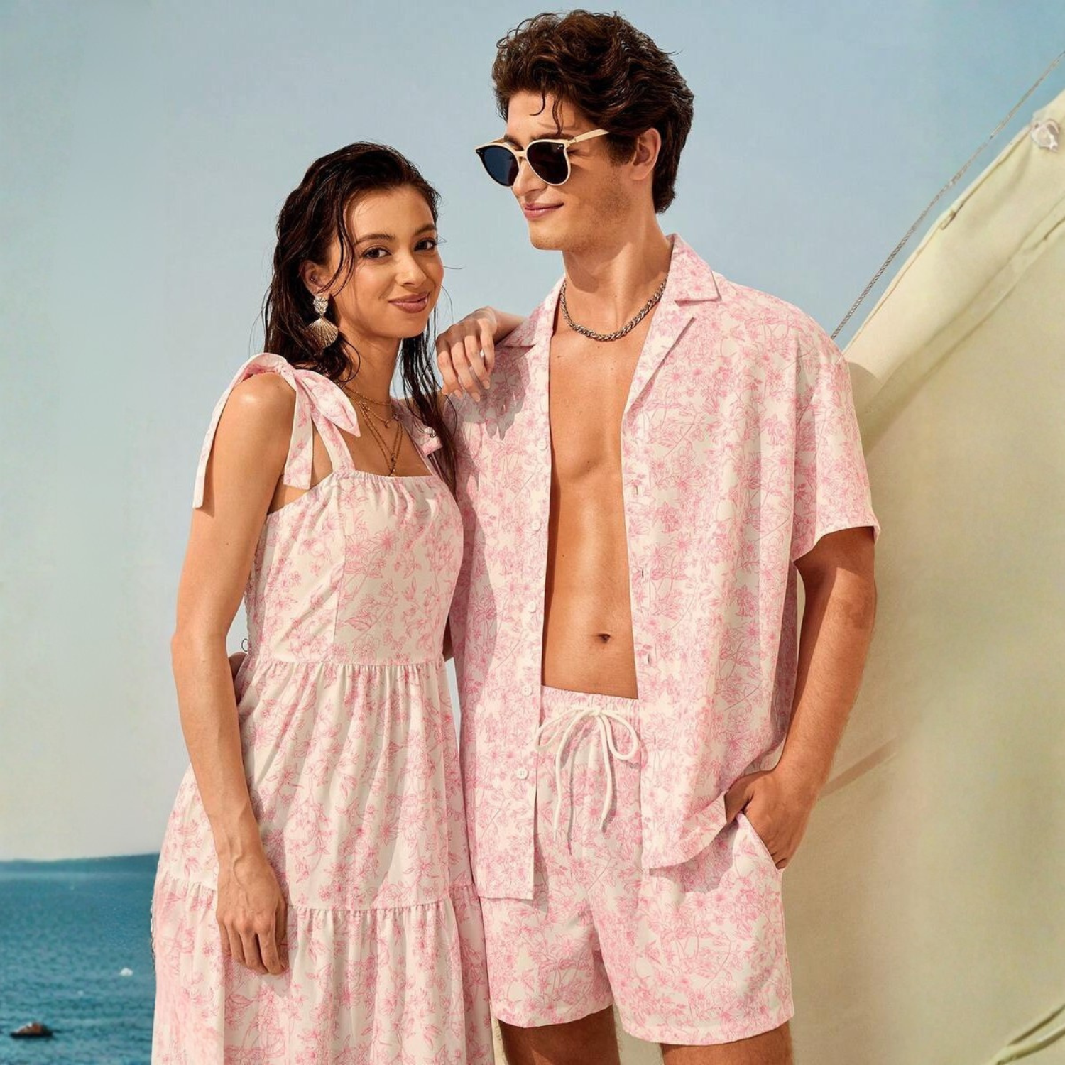 Floral Couple Beach Men Shirt Shorts And Women Swimwear Outfit Set