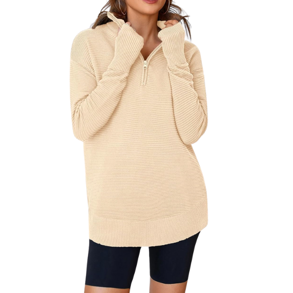 Womens Long Sleeve Quarter Zip Pullover Sweater Casual Loose V Neck Collared Ribbed Knit Jumper Tops Thumb Hole