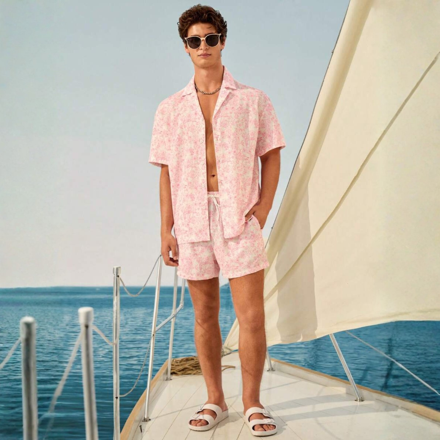 Floral Couple Beach Men Shirt Shorts And Women Swimwear Outfit Set