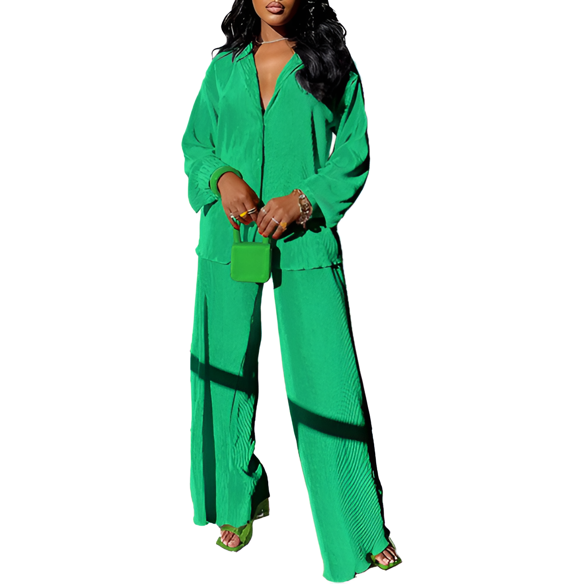 2 Piece Button Down Shirt And Pleated Pants Set For Women