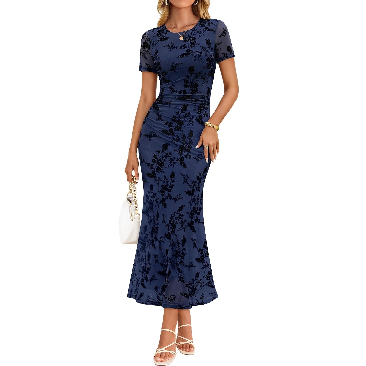 Bodycon Floral Mesh Sleeve Ruched Sleeve Dress For Women