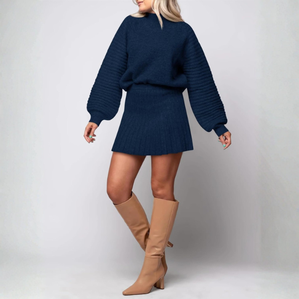 2 Piece Ribbed Knit Puff Sleeve Sweater Top And Mini Skirt Outfit Set