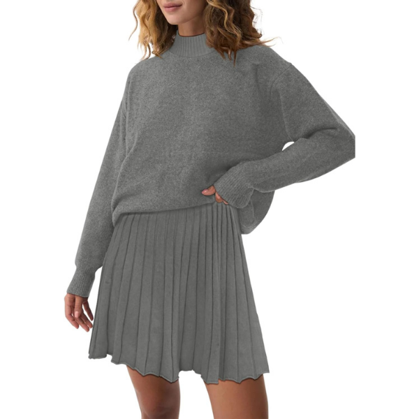 Women's Two Piece Outfits Turtleneck Long Sleeve Ribbed Knit Tops Pleated Mini Skirt 2026 Casual Sweater Sets