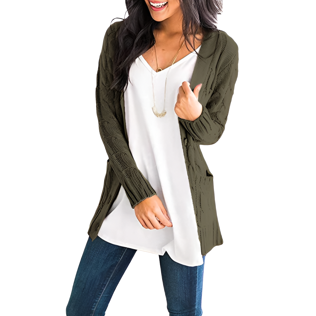 Cable Knit Button Front Open Cardigan