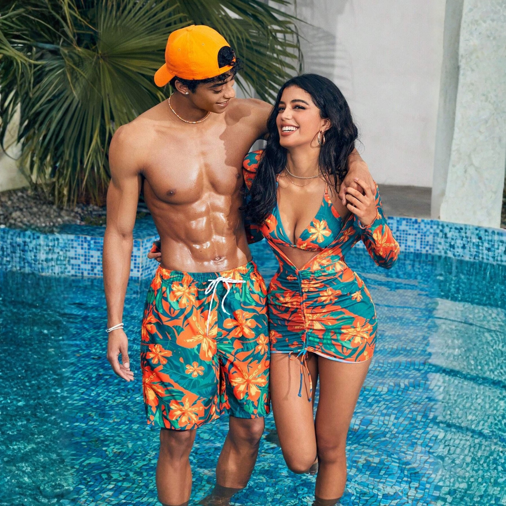 Floral Print Drawstring Beach Shorts For Men And Women Matching Couples