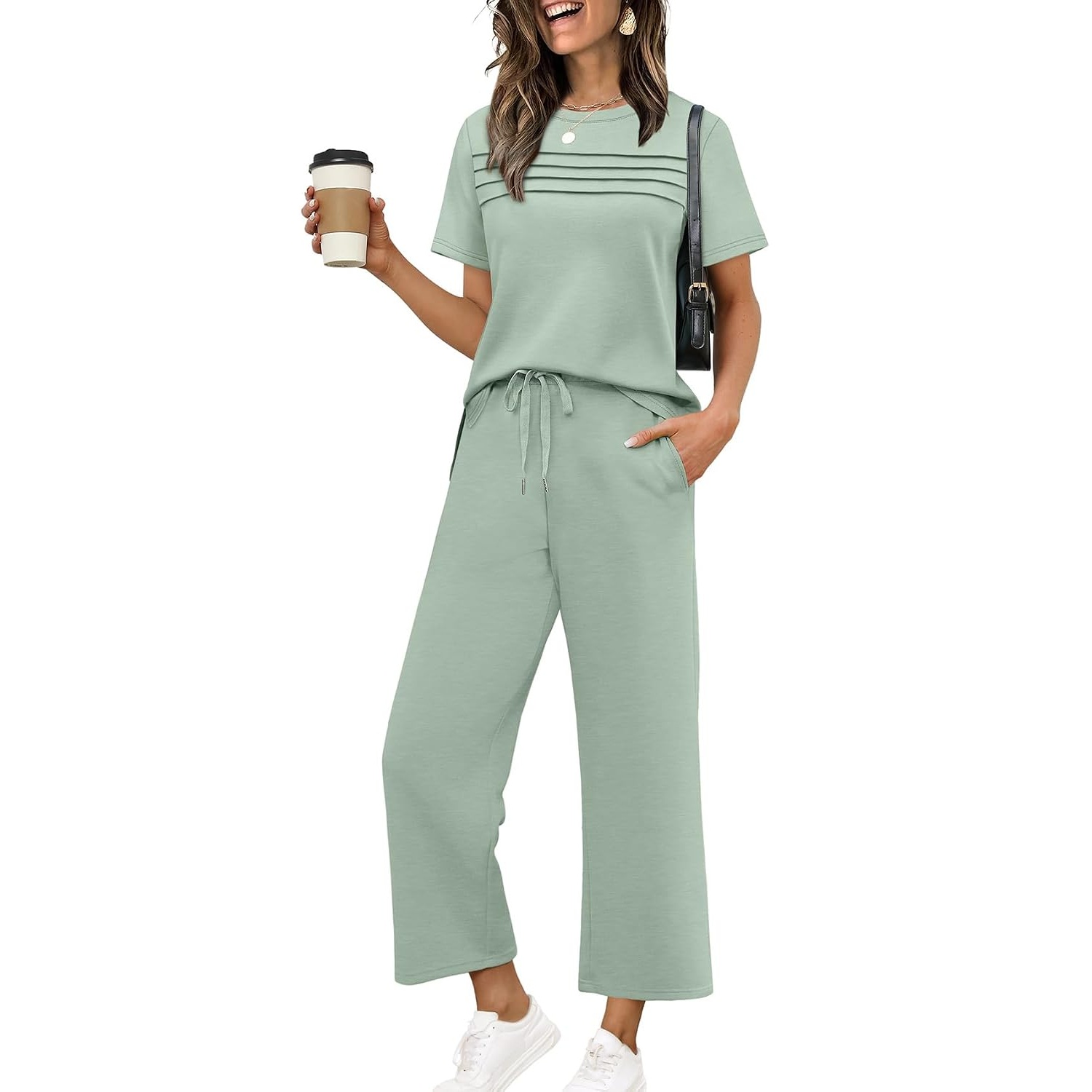 Two Piece Travel Outfit With Wide Length Pants For Women
