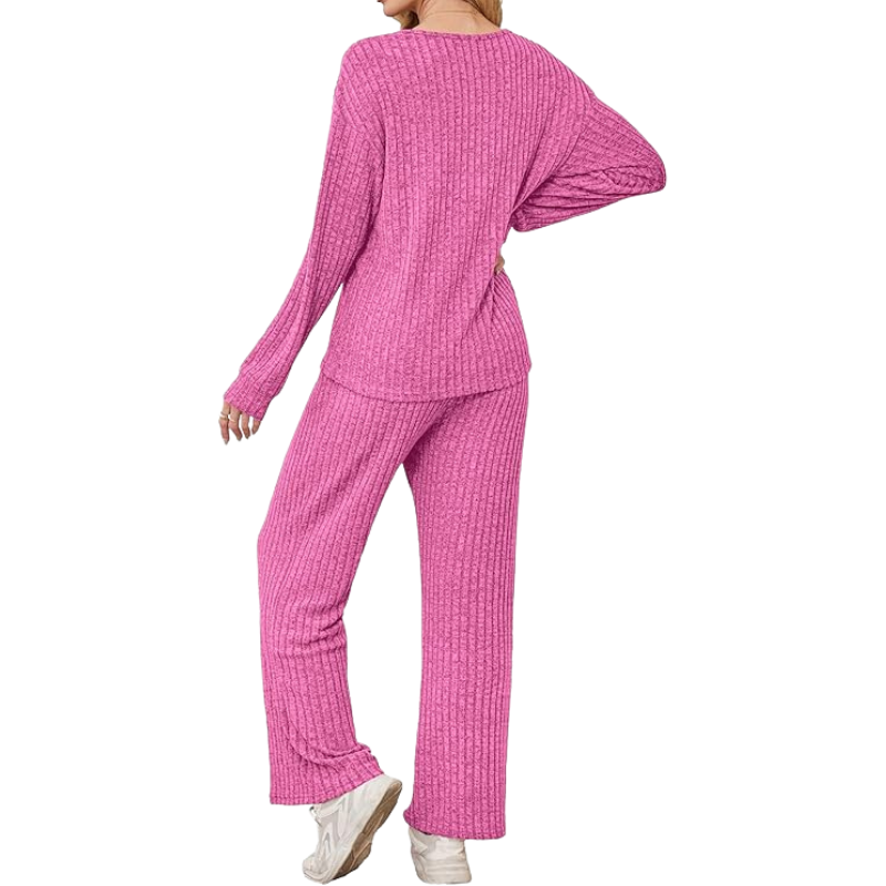 Ribbed Knit Lounge Set With Sweater Top And Loose Fit Pants For Women