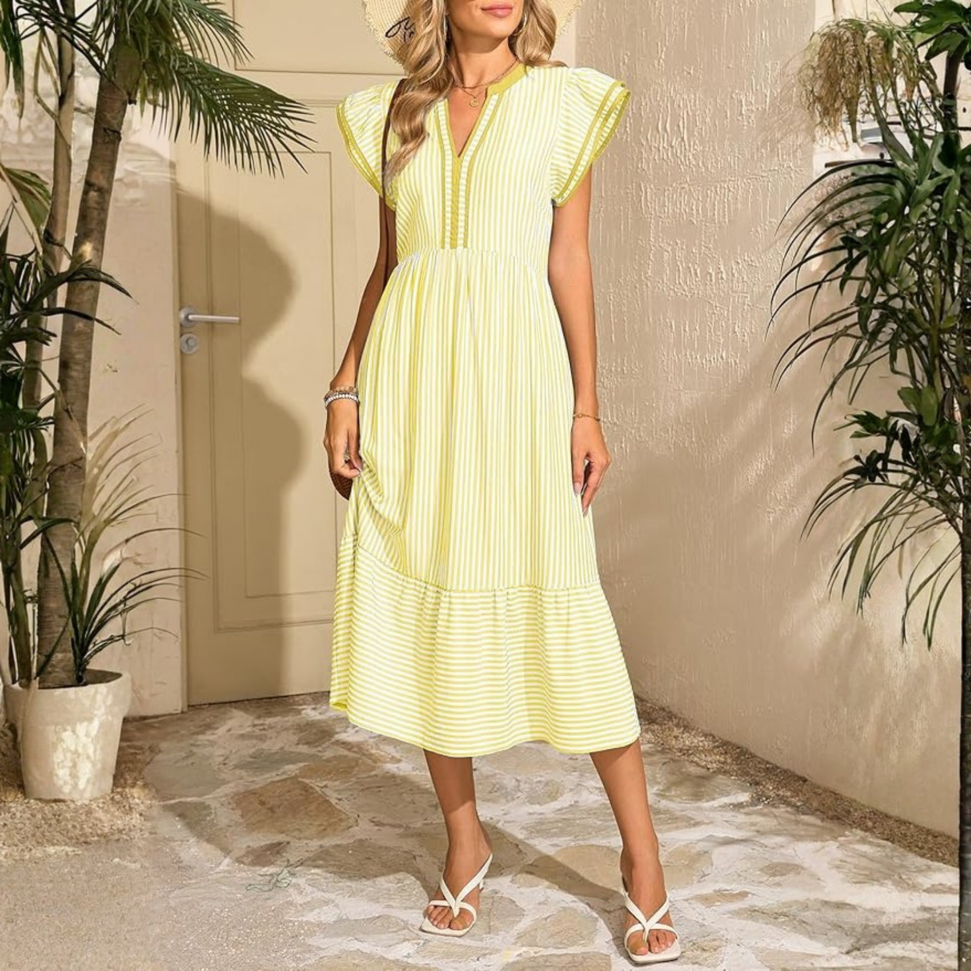 Ruffle Cap Sleeve Empire Flowy Striped Beach Midi Maxi Dress