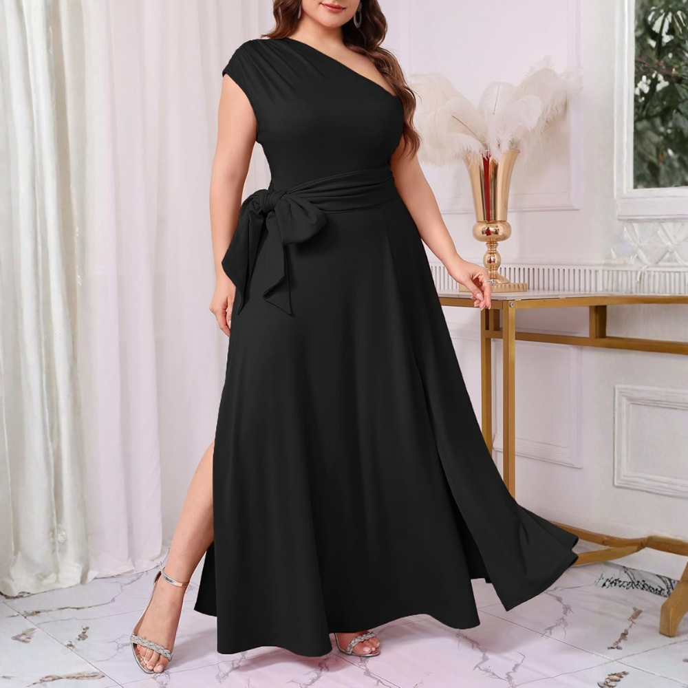 Asymmetric Belted Maxi Dress with Convenient Pockets