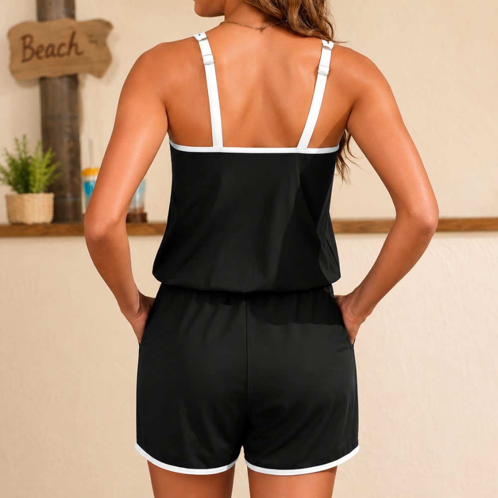 Women Romper Swimsuit One Piece Boyleg Bathing Suit Pockets
