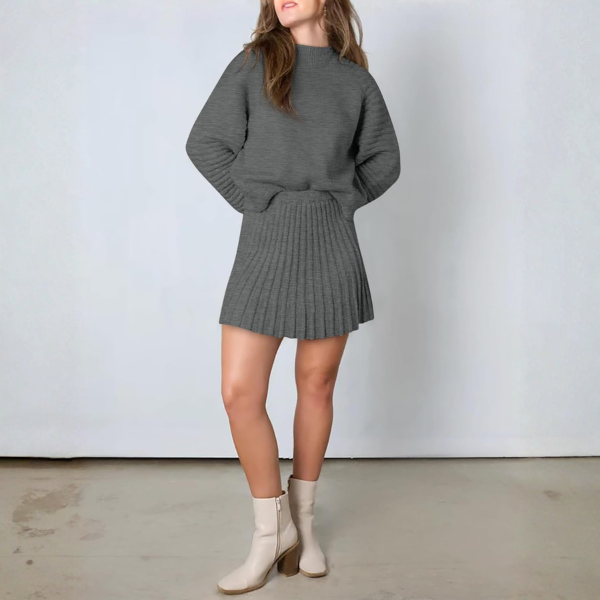2 Piece Ribbed Knit Puff Sleeve Sweater Top And Mini Skirt Outfit Set