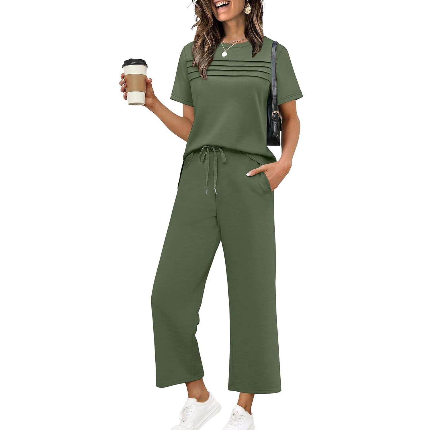 Two Piece Travel Outfit With Wide Length Pants For Women