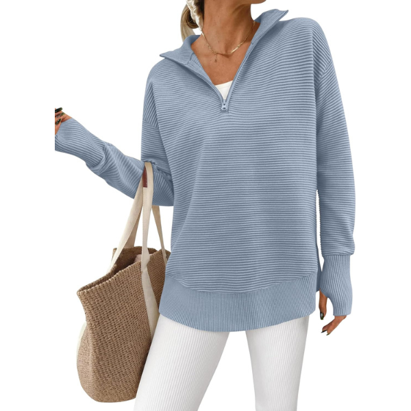 Womens Long Sleeve Quarter Zip Pullover Sweater Casual Loose V Neck Collared Ribbed Knit Jumper Tops Thumb Hole