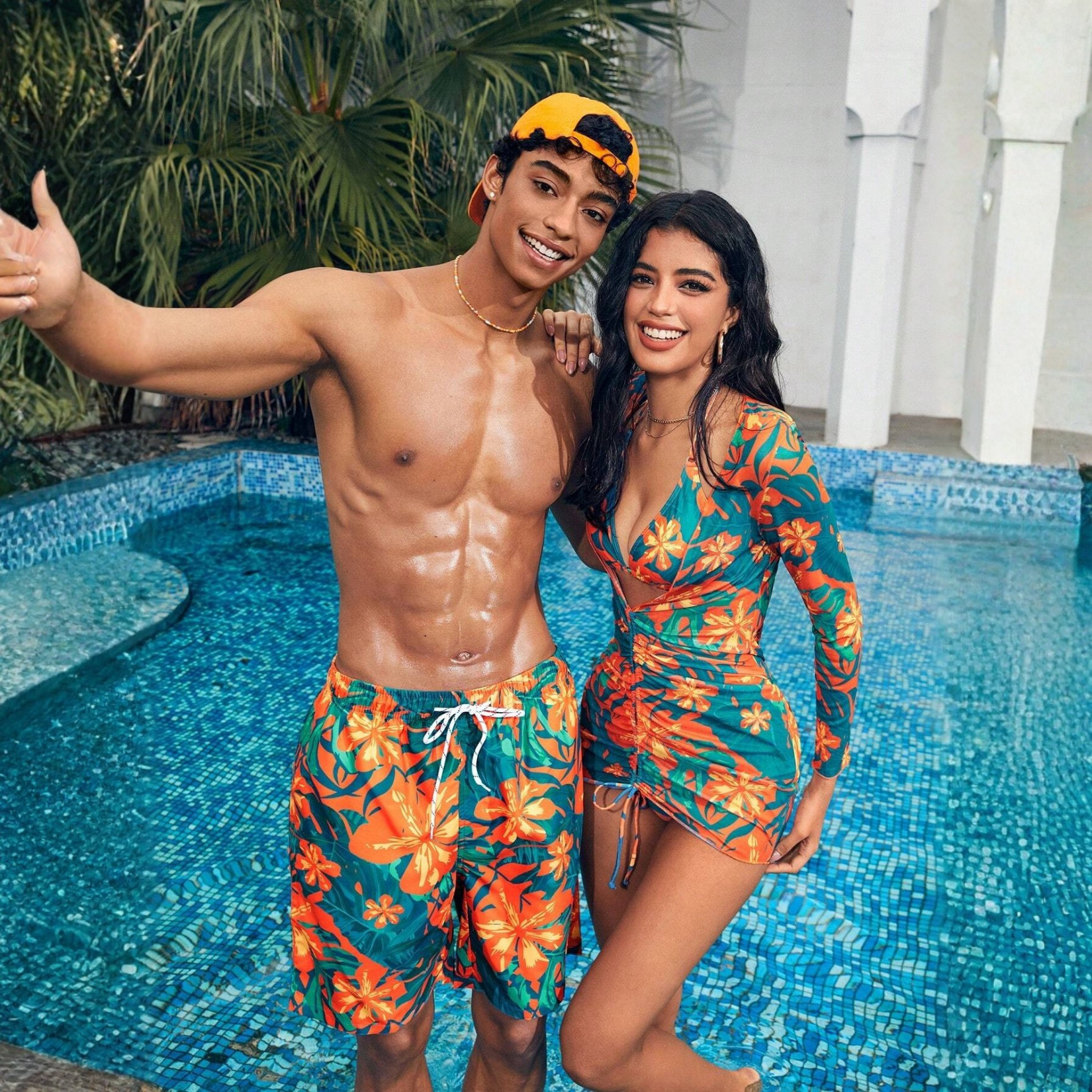 Floral Print Drawstring Beach Shorts For Men And Women Matching Couples