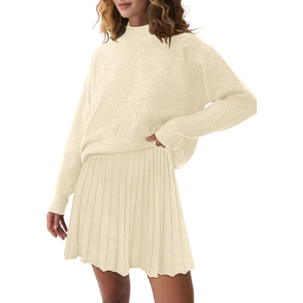 Women's Two Piece Outfits Turtleneck Long Sleeve Ribbed Knit Tops Pleated Mini Skirt 2026 Casual Sweater Sets