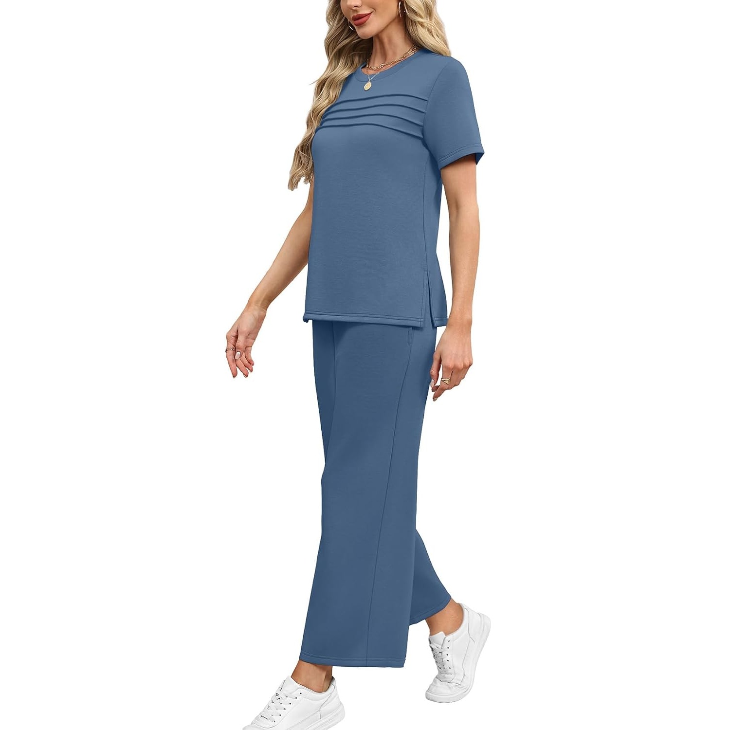 Two Piece Travel Outfit With Wide Length Pants For Women