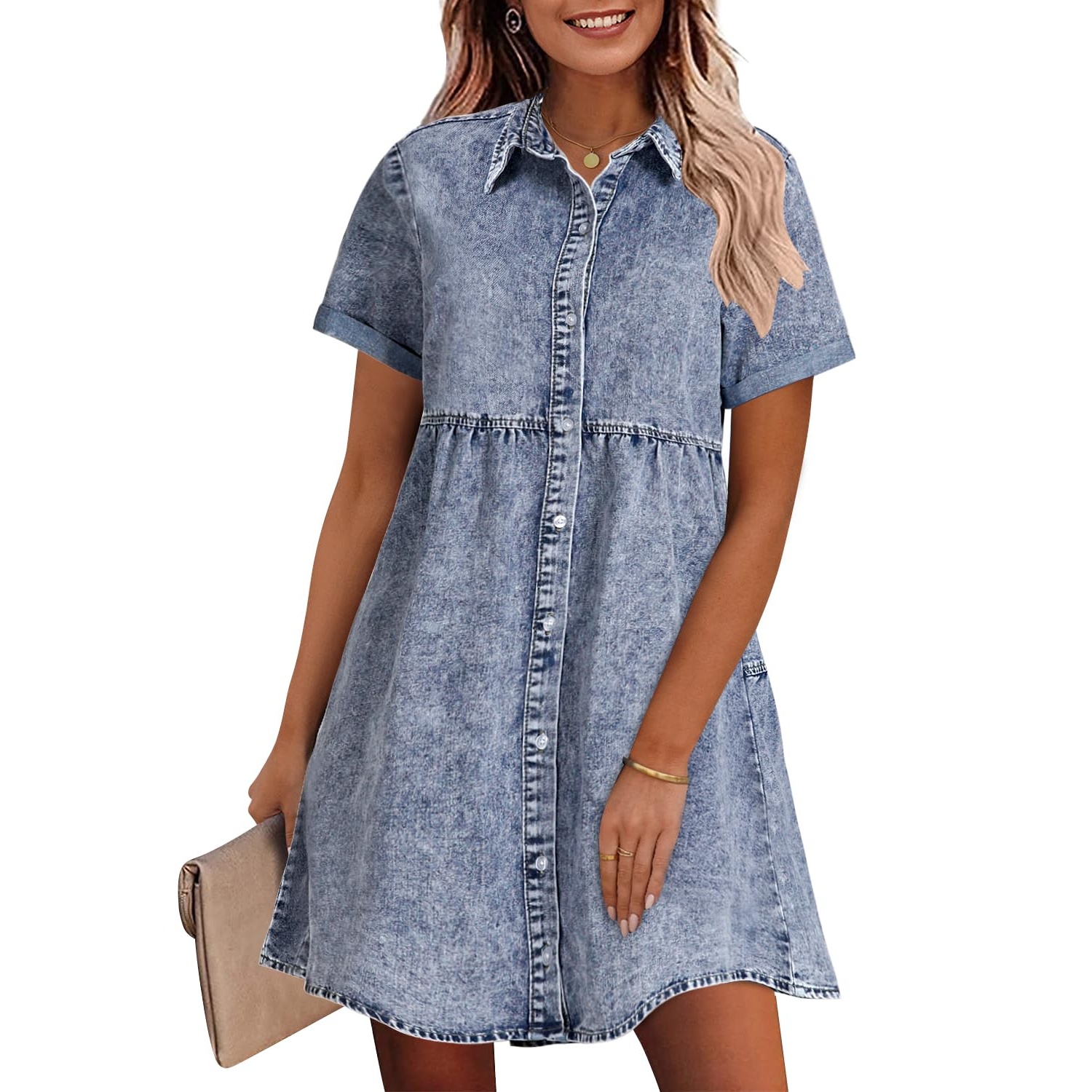 Casual Short Sleeve Denim Dress For Everyday Wear For Women