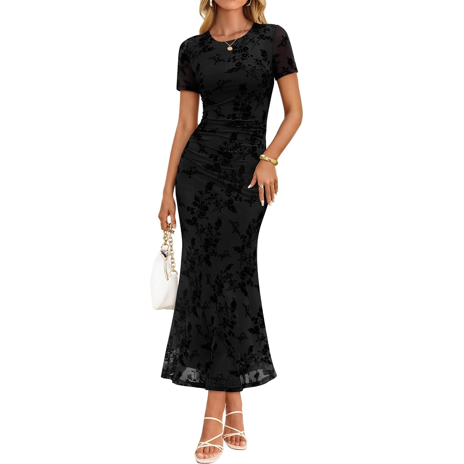 Bodycon Floral Mesh Sleeve Ruched Sleeve Dress For Women