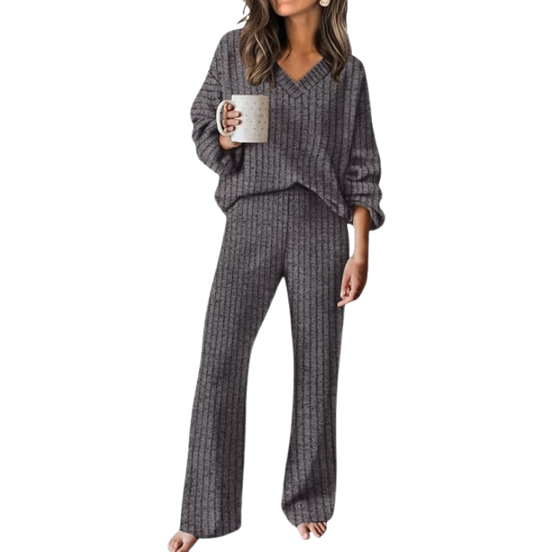 Ribbed Knit Lounge Set With Sweater Top And Loose Fit Pants For Women