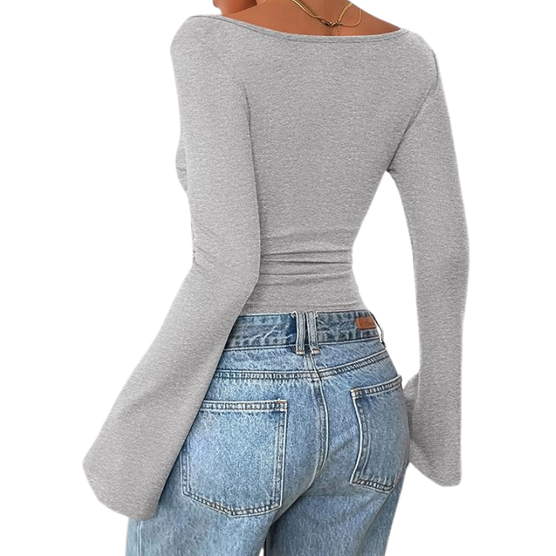 Ribbed Crop Top With Long Bell Sleeve For Women