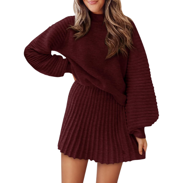 2 Piece Ribbed Knit Puff Sleeve Sweater Top And Mini Skirt Outfit Set