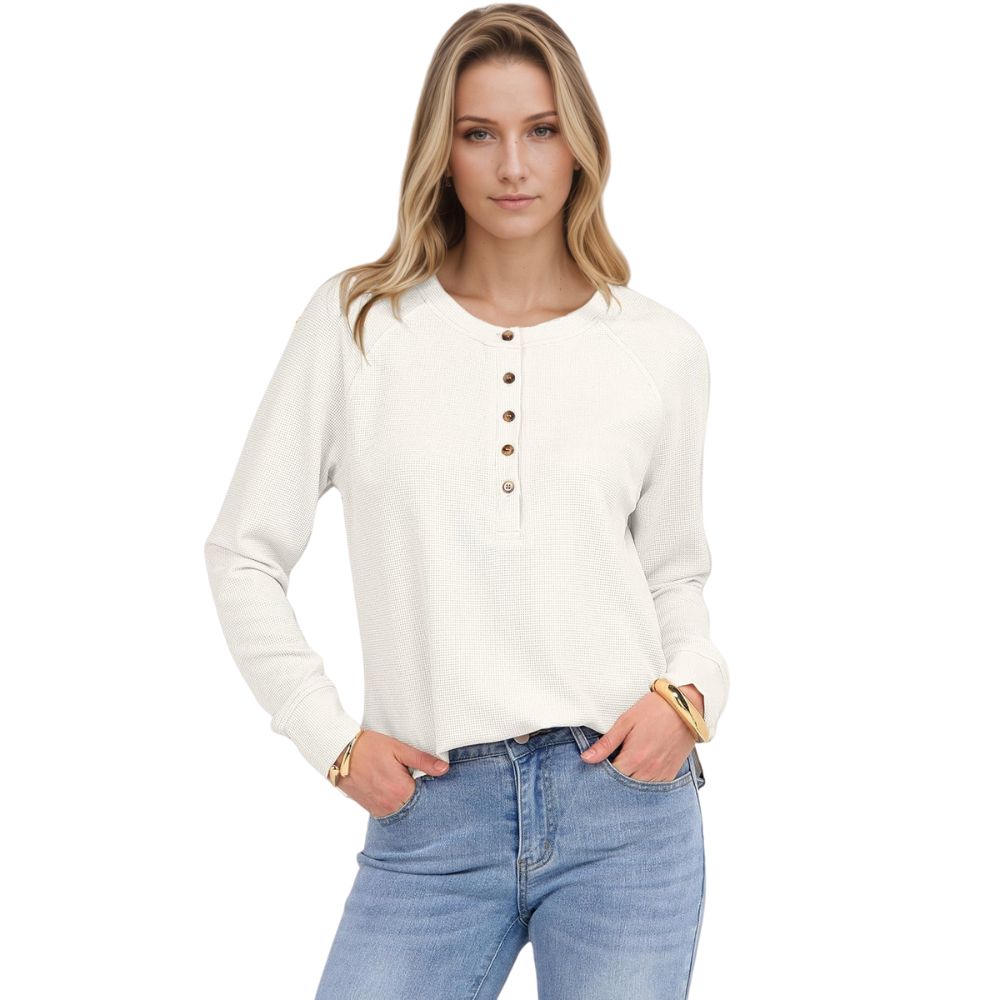 Women's Long Sleeve Waffle Knit Shirts Dressy Casual Loose Button Up V Neck