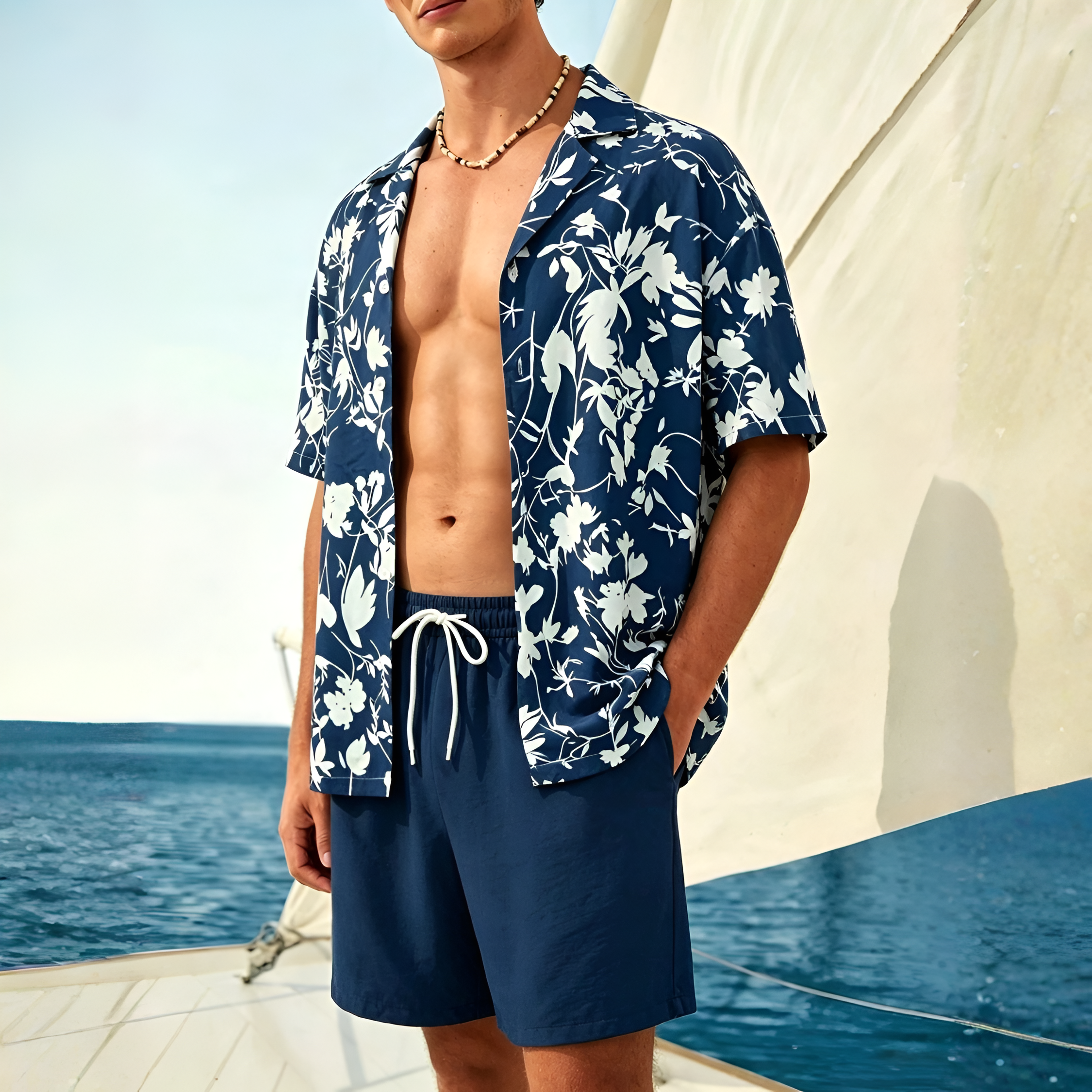 Over Print Beachwear Outfit Set for Men Short Sleeve Shirt And Shorts with Women Dress
