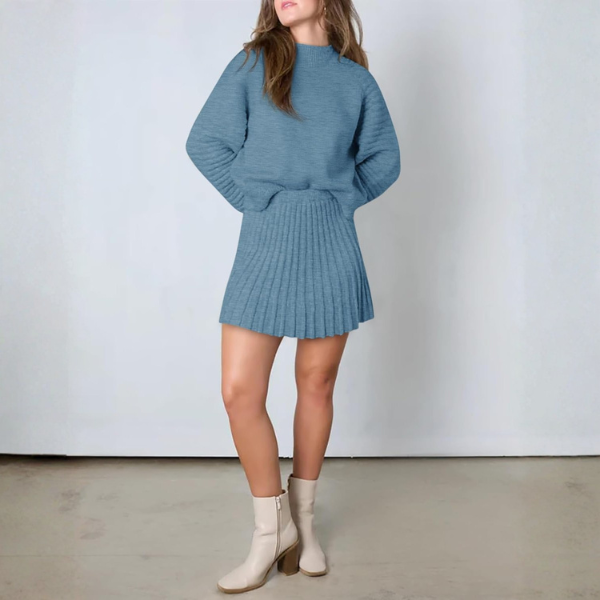 2 Piece Ribbed Knit Puff Sleeve Sweater Top And Mini Skirt Outfit Set
