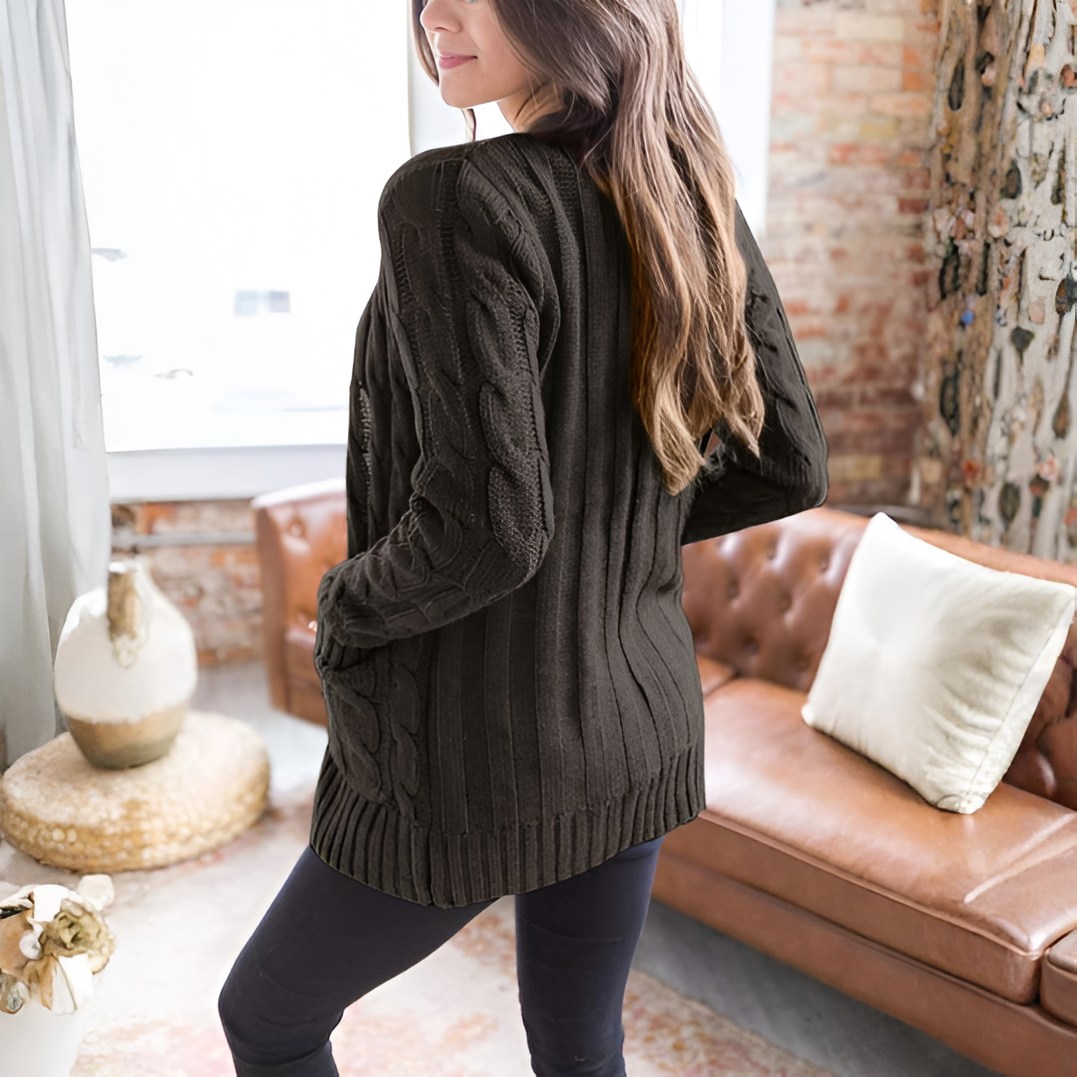 Cable Knit Button Front Open Cardigan