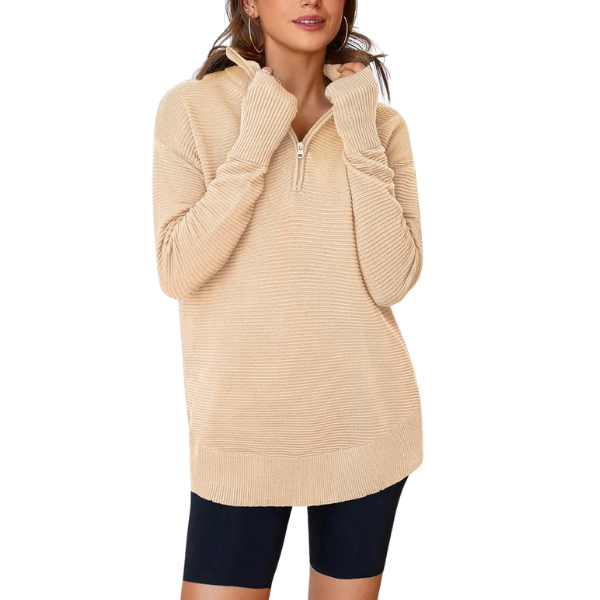 Womens Long Sleeve Quarter Zip Pullover Sweater Casual Loose V Neck Collared Ribbed Knit Jumper Tops Thumb Hole