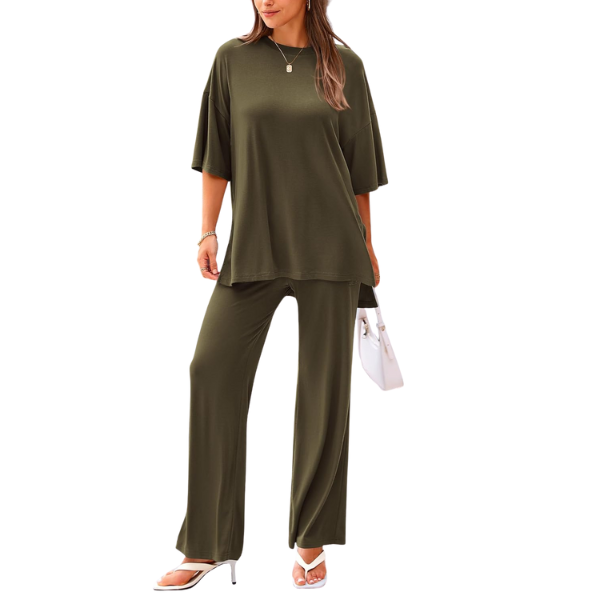 2 Piece Summer Lounge Set With Short Sleeve Top And Pants For Women