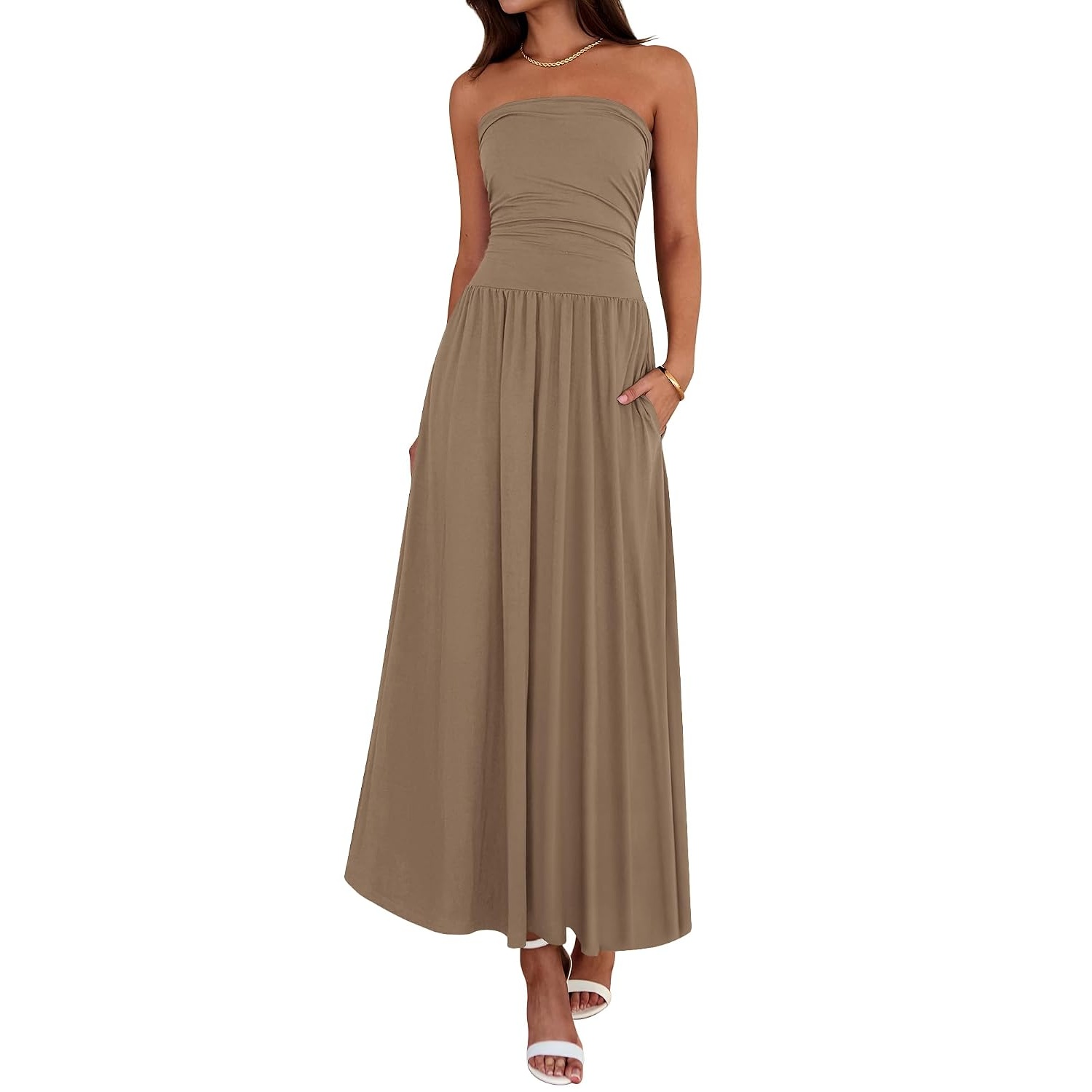Casual Strapless Ruched Maxi Dress With Pockets For Women