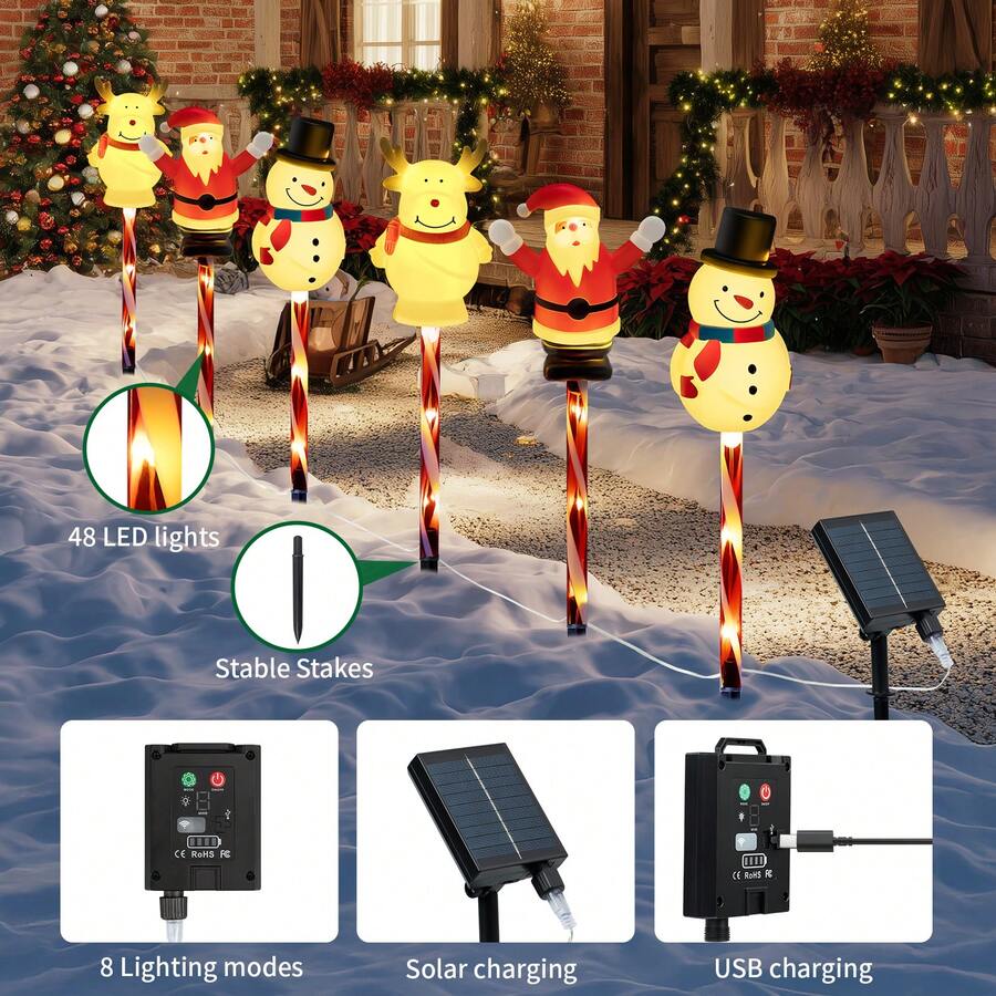 6pcs Outdoor Solar Christmas Garden Stake Lights - Snowman+Reindeer+Santa Claus, 8 Modes Of Lighting Christmas Lights, Indoor And Outdoor Garden Lights, Suitable For Terraces, Paths, Gardens, Decorations, Light Sensing, Christmas Gifts! - 6-in-1 Garden Stake Lights - View 2