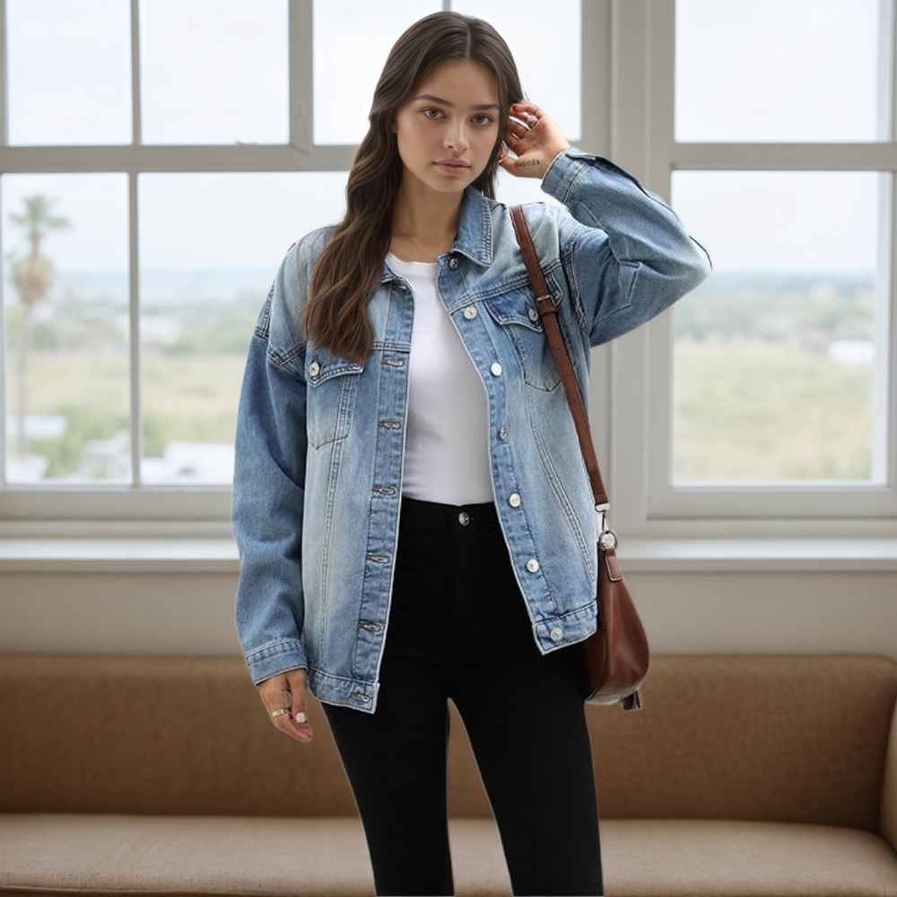 Women’s Oversized Mid Long Denim Jacket Casual Jean Biker Coat