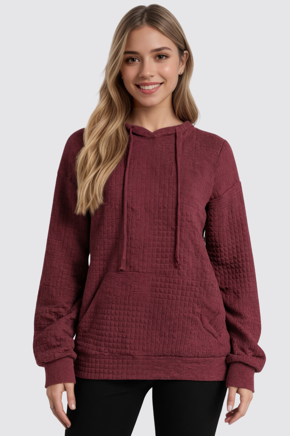 Casual Long Sleeve Drawstring Waffle Pullover Hoodie