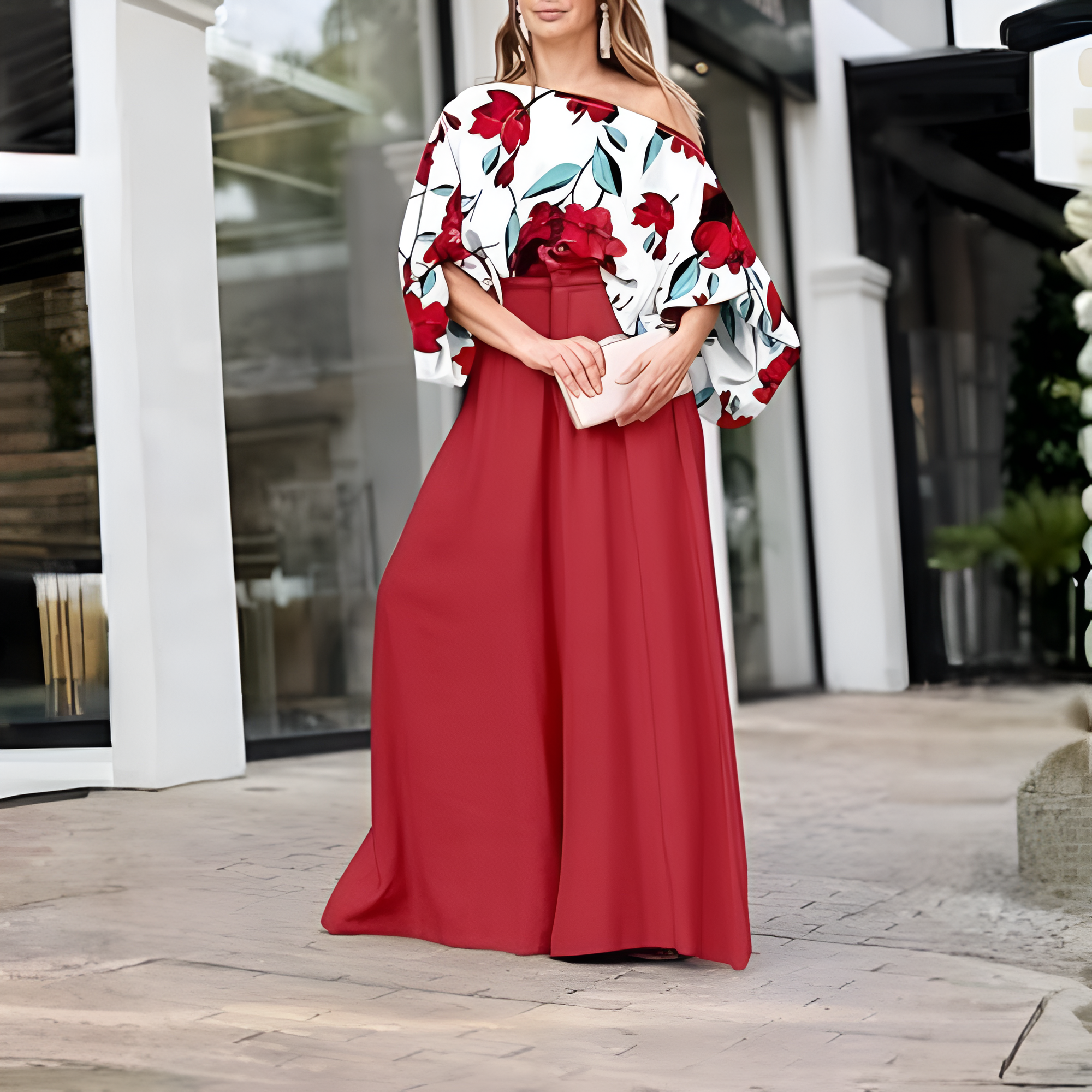 Two Piece Set With Flowy Pants And Top For Women With lantern Sleeve