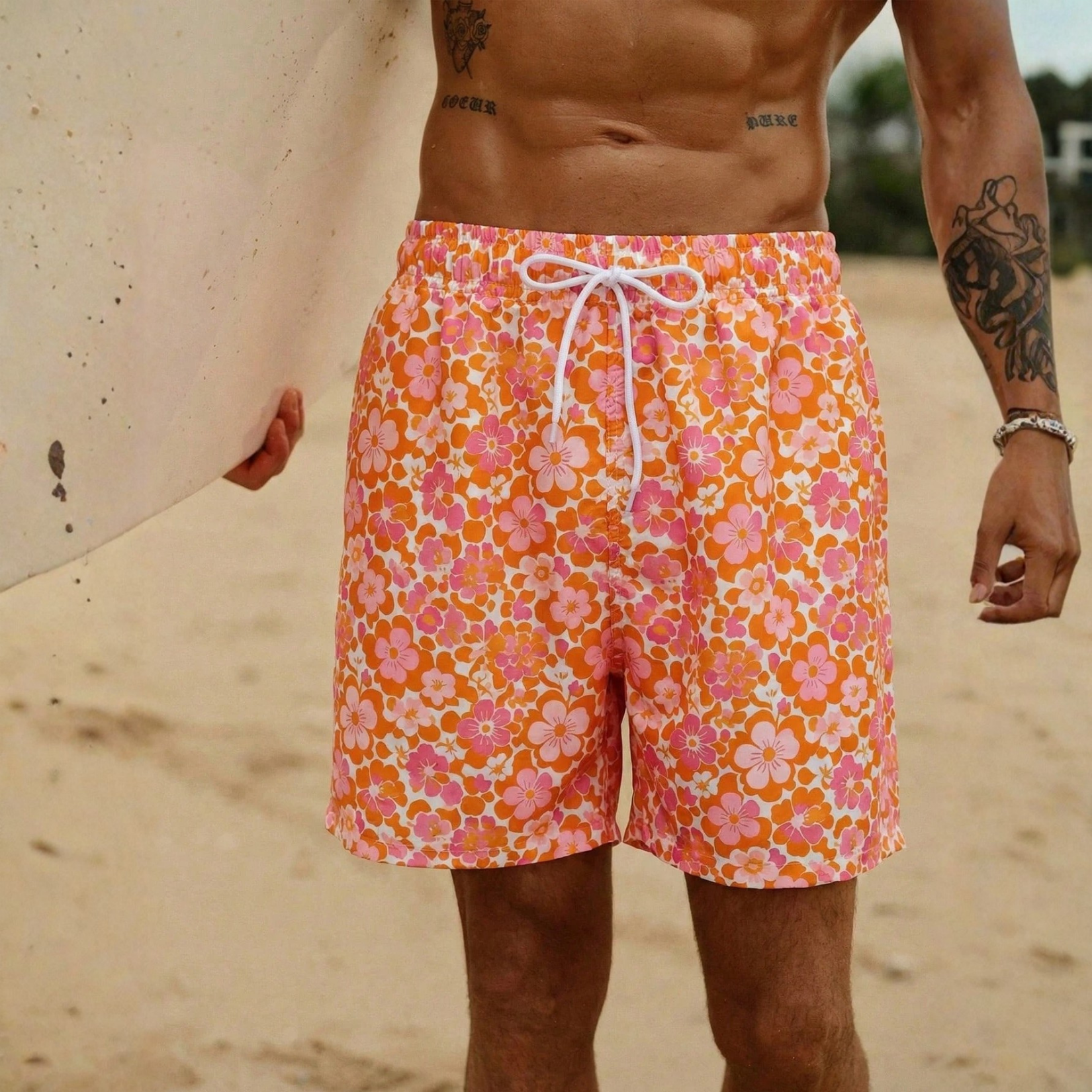 Floral Print Drawstring Beach Shorts For Men And Women Matching Couples