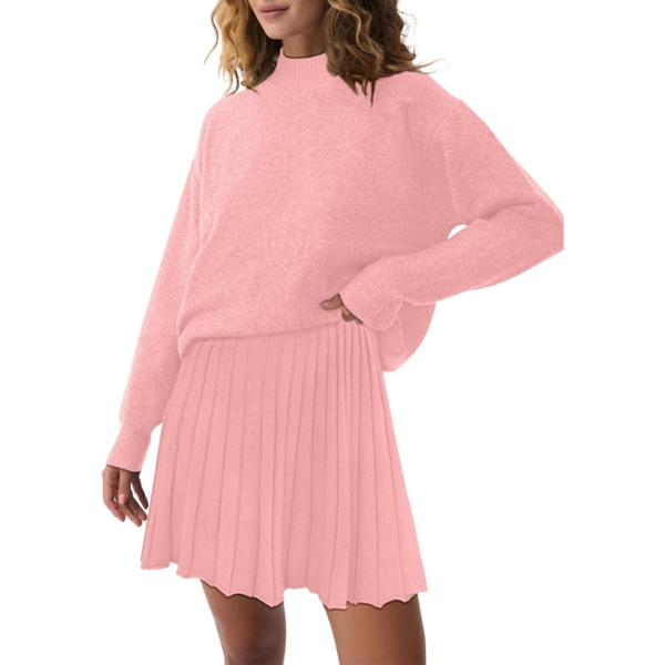 Women's Two Piece Outfits Turtleneck Long Sleeve Ribbed Knit Tops Pleated Mini Skirt 2026 Casual Sweater Sets