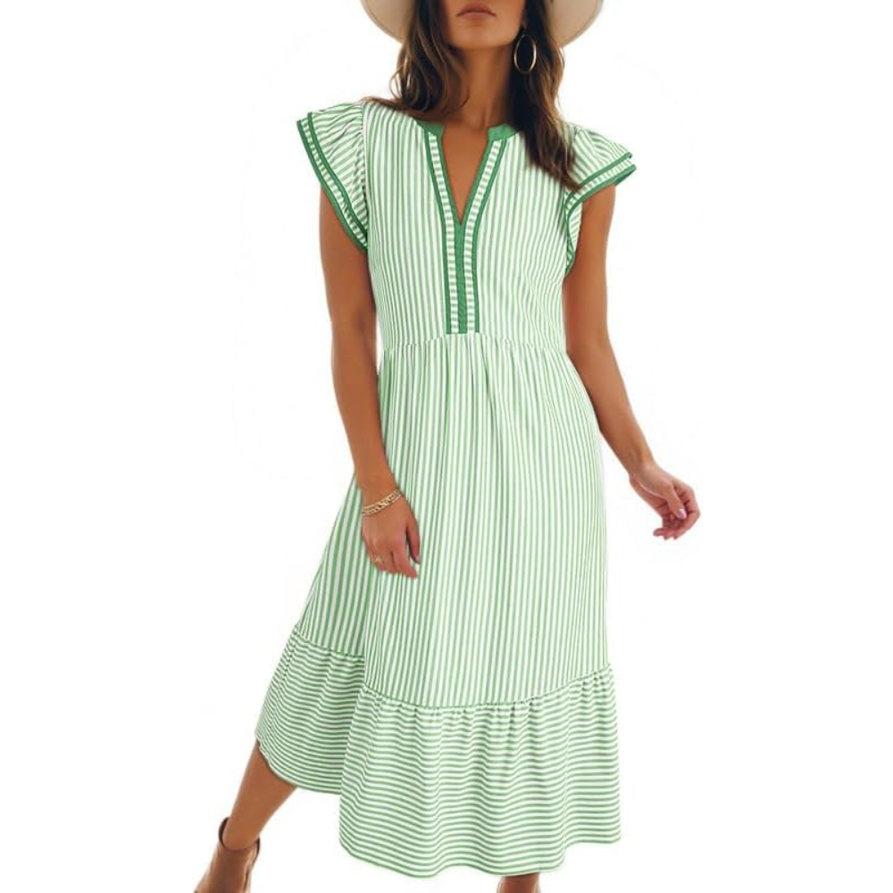 Ruffle Cap Sleeve Empire Flowy Striped Beach Midi Maxi Dress