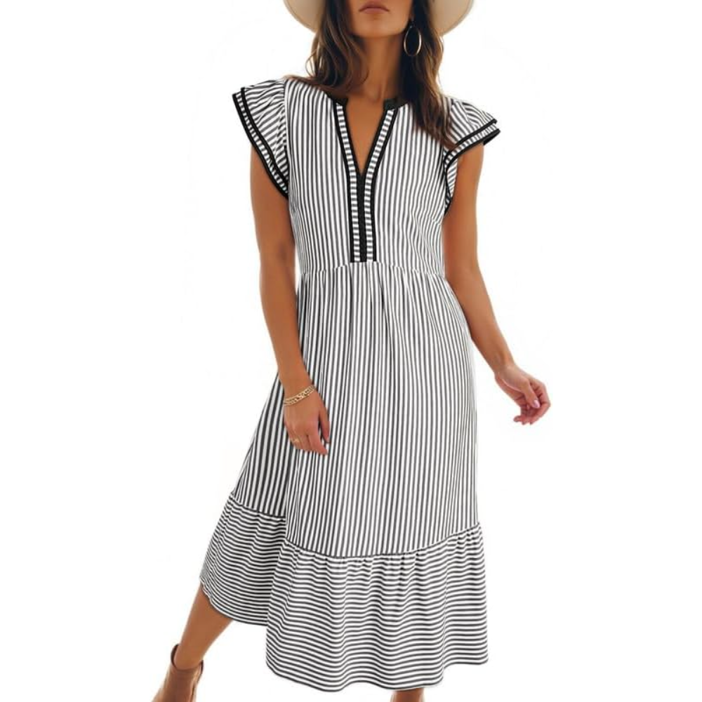 Ruffle Cap Sleeve Empire Flowy Striped Beach Midi Maxi Dress