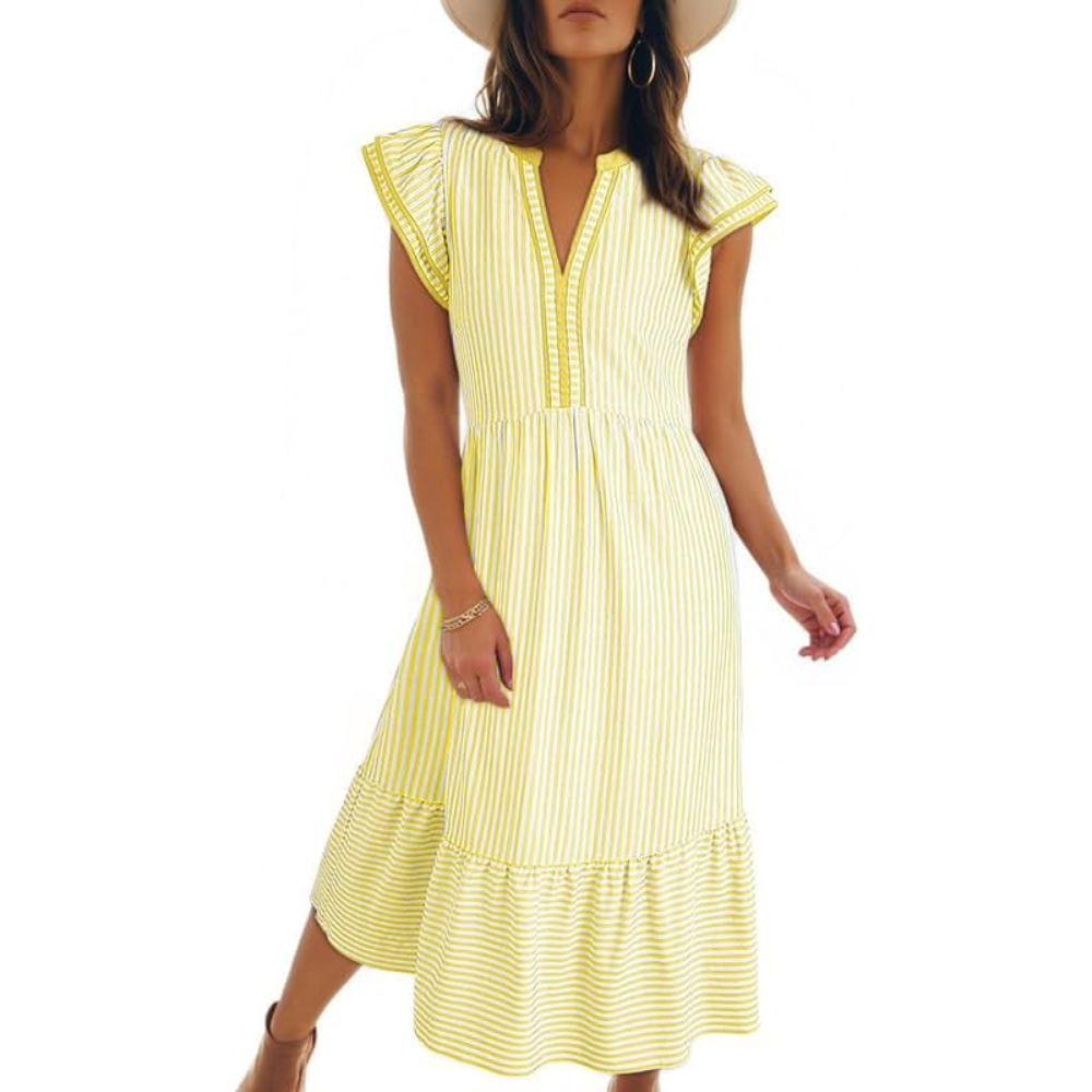 Ruffle Cap Sleeve Empire Flowy Striped Beach Midi Maxi Dress