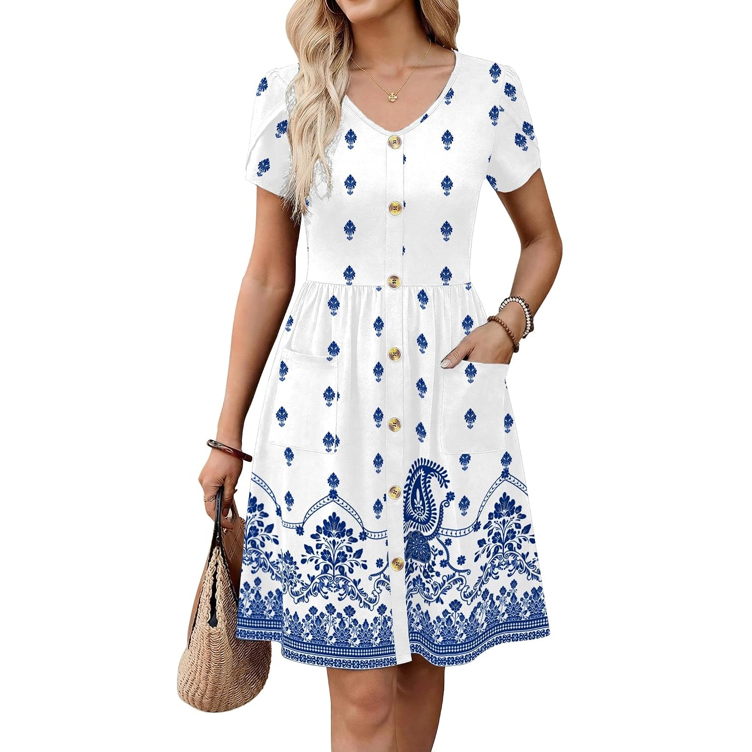 Pleated Sleeve With Front Button Dress For Women