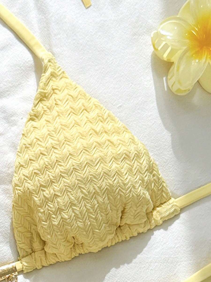 Swim Mod Women's Summer Solid Cream Yellow Jacquard Fabric Star Decor Halter Bikini Set