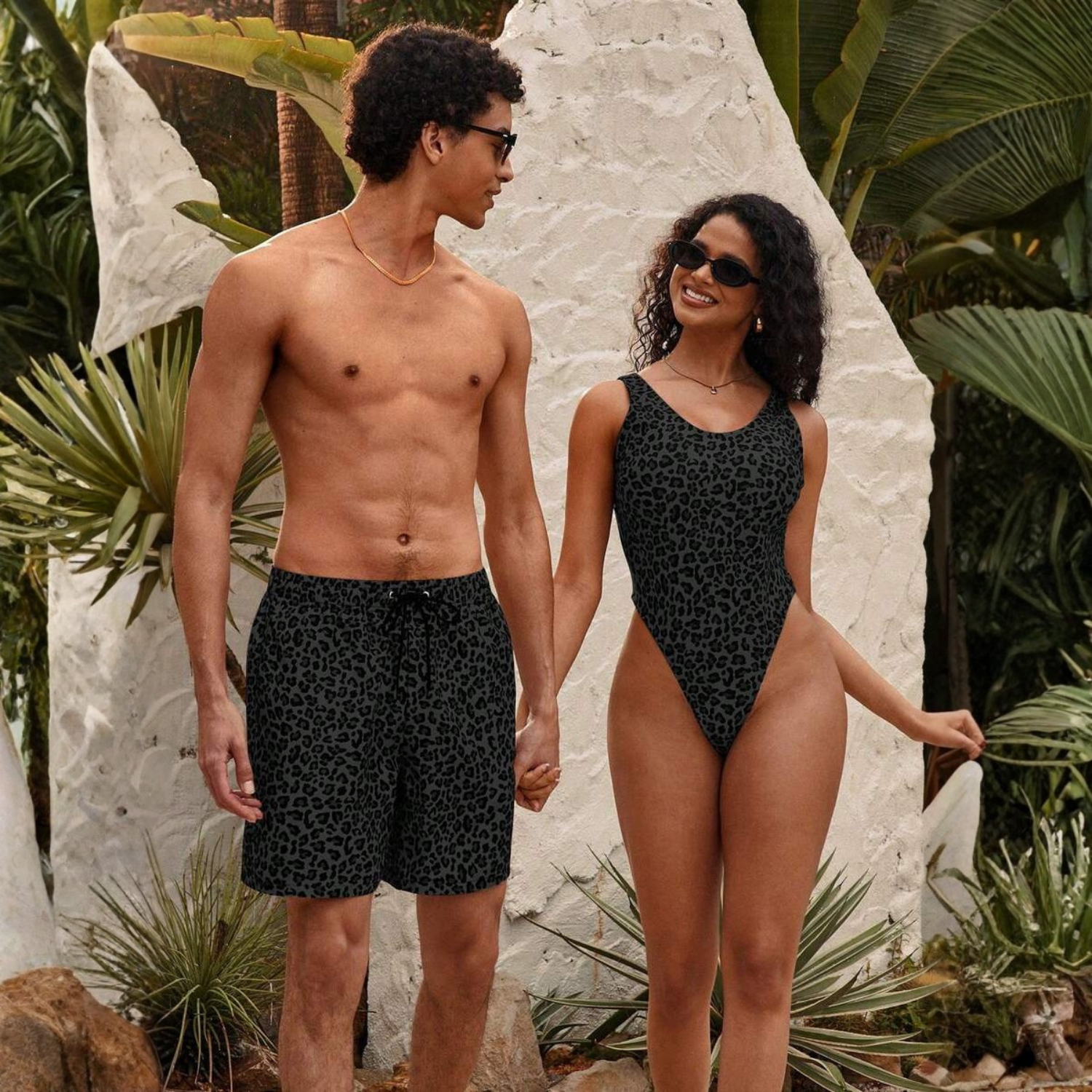 Leopard Print Drawstring Men Shorts And Women Swimwear Set For Beach
