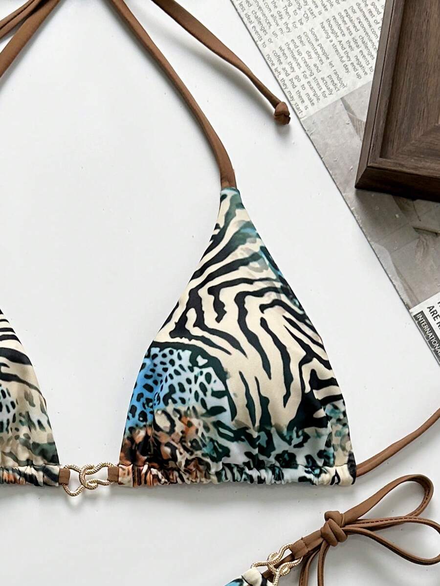 Swim Vcay Random Snake Skin Print Triangle Wire-Free Top And Side Tie Thong Bikini Set, Women Summer Beach Resort Swimwear