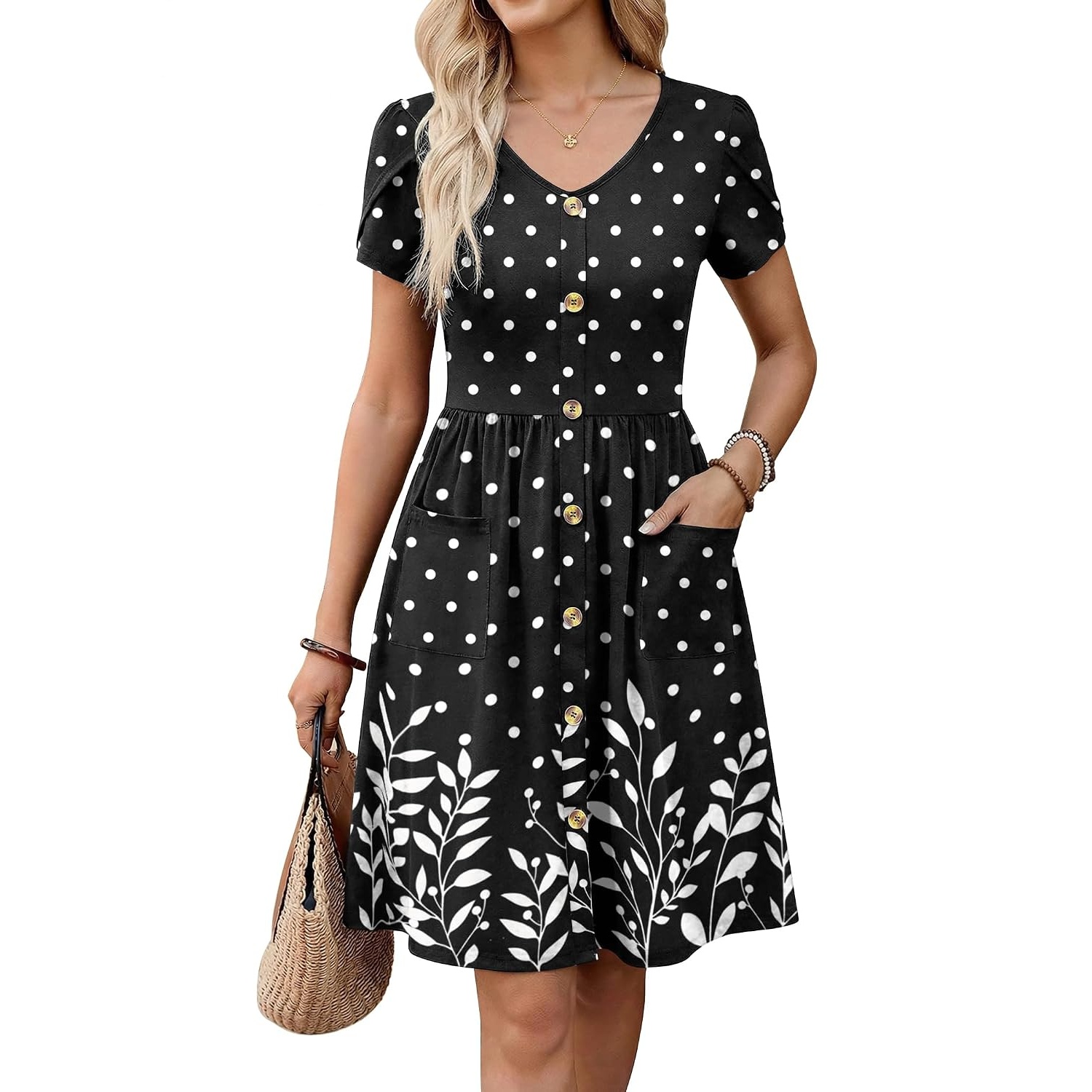 Pleated Sleeve With Front Button Dress For Women