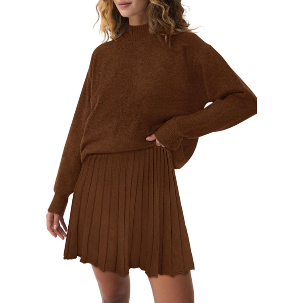 Women's Two Piece Outfits Turtleneck Long Sleeve Ribbed Knit Tops Pleated Mini Skirt 2026 Casual Sweater Sets