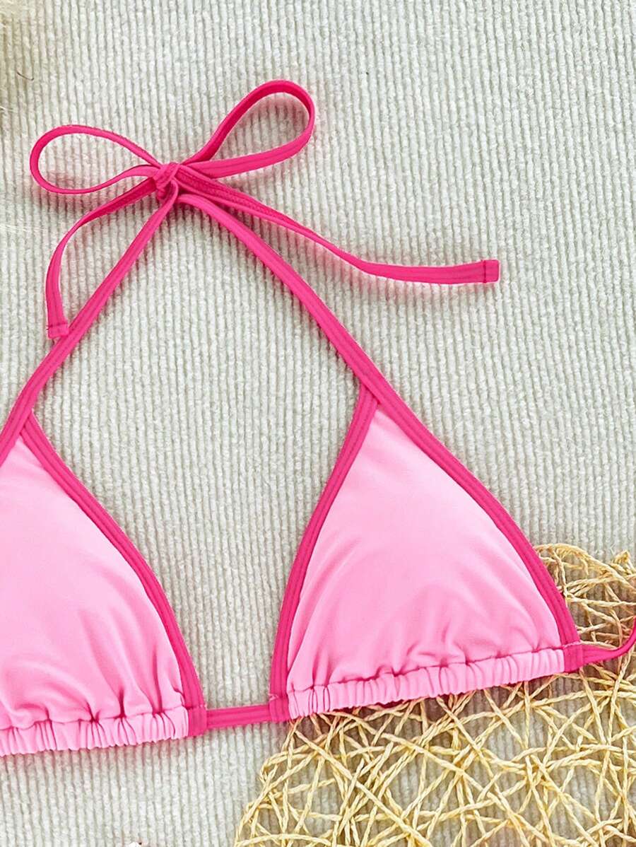 Swim Vcay New Ladies' Solid Color Bikini Set Set, Contrast Color Spaghetti Strap Halter Bra, High Cut Sides Panty, Side Tie Mesh Skirt, 3 Pieces Bikini Swimwear For Summer Beach Vacation